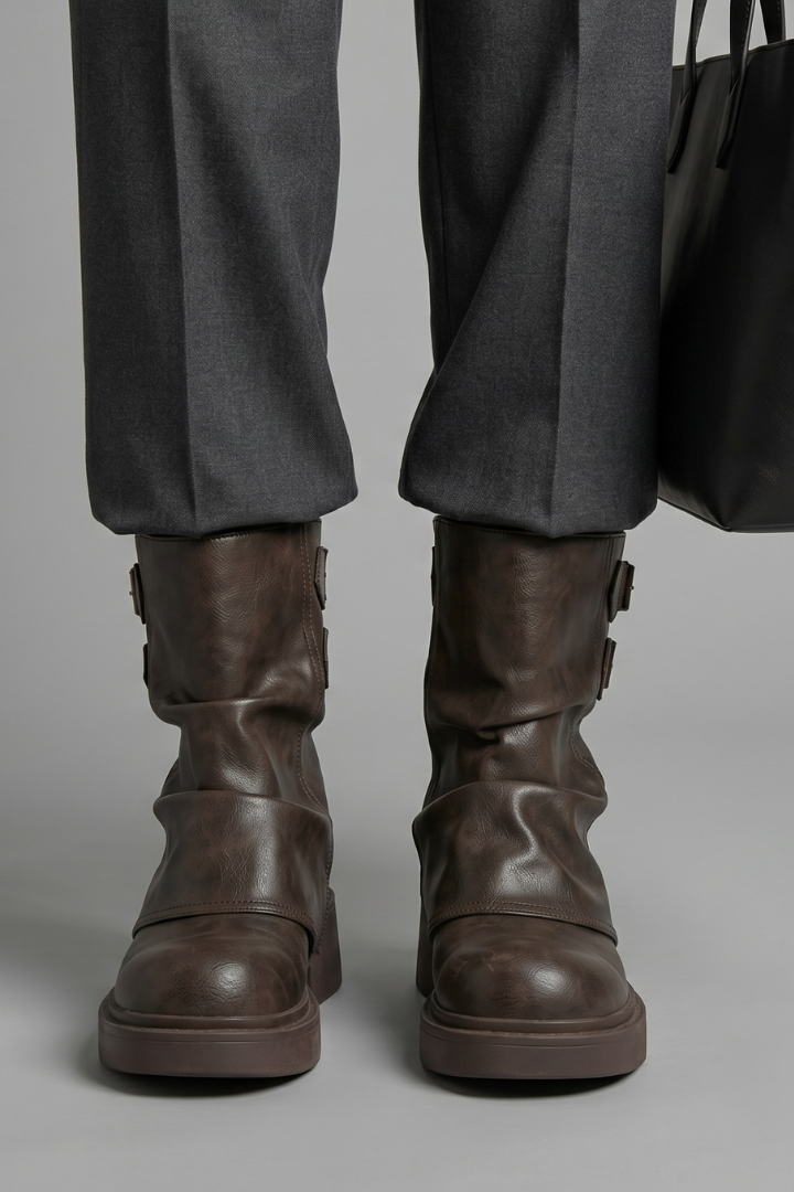 Brown leather boots worn with gray pants on a plain background
