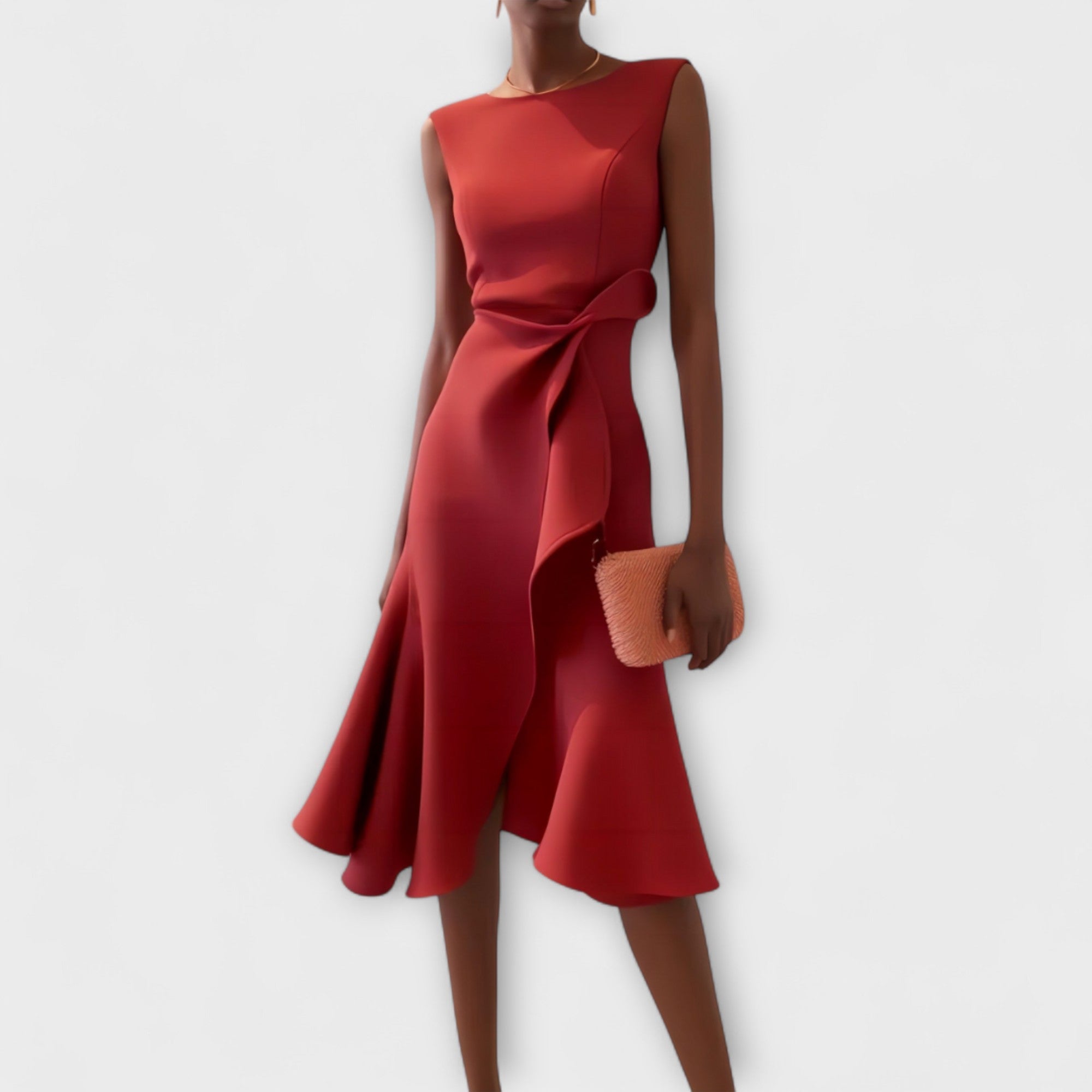 Red dress worn by a model on a white background