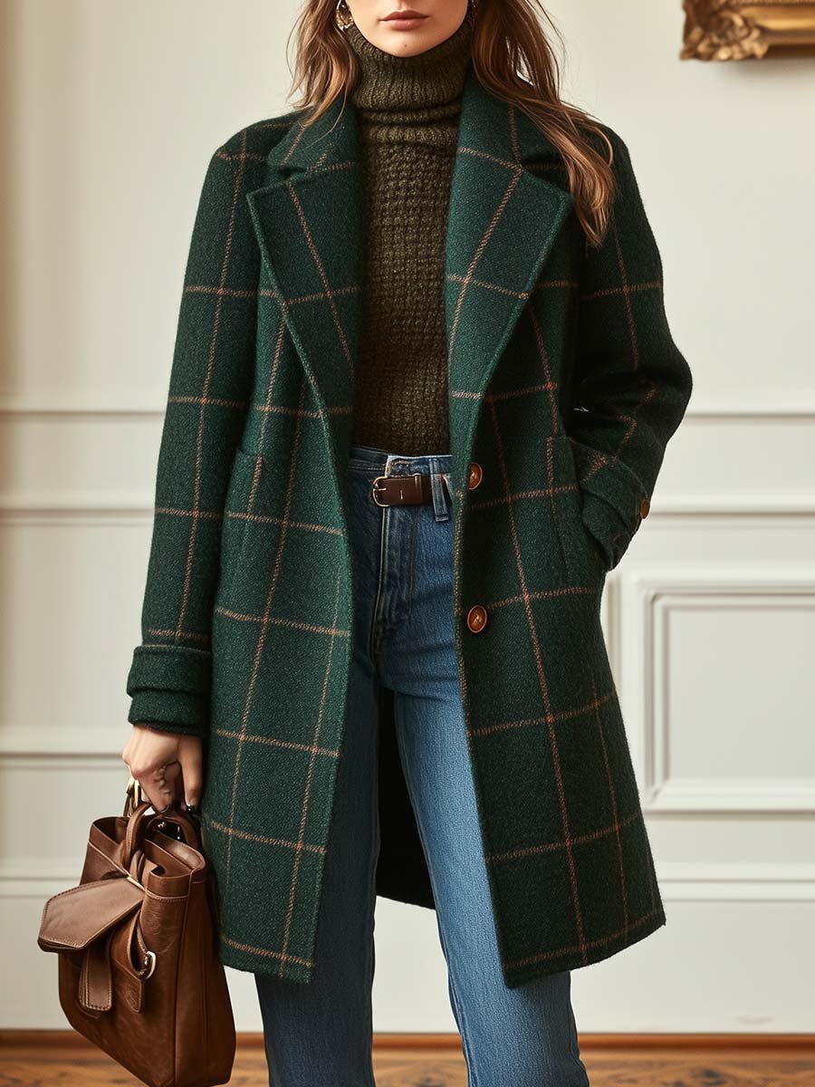Nadine retro lapel plaid coat, dark green