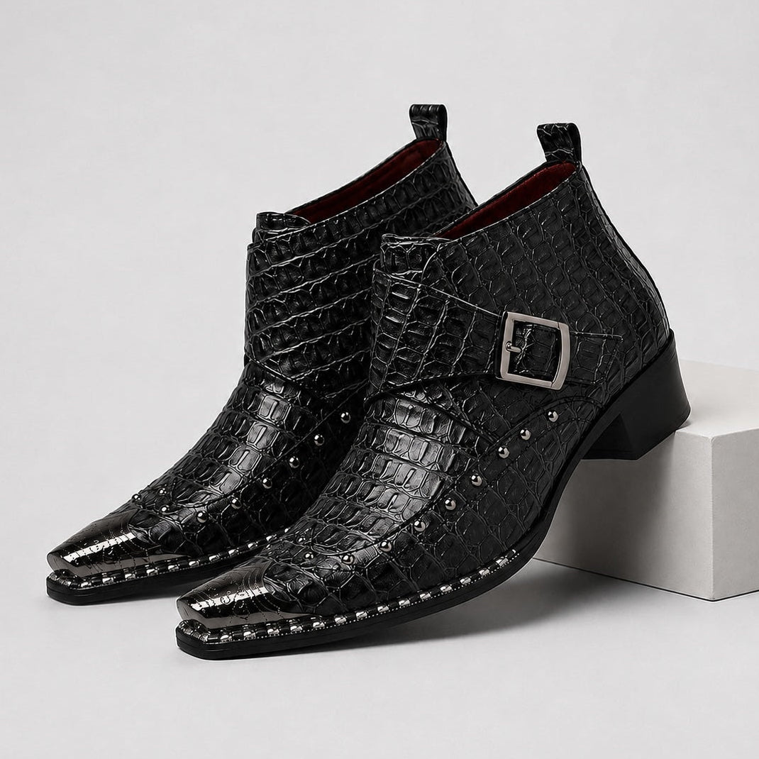 Odalric | Croc-Embossed Leather Monk Strap Boots