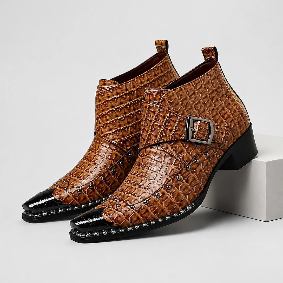 Odalric | Croc-Embossed Leather Monk Strap Boots