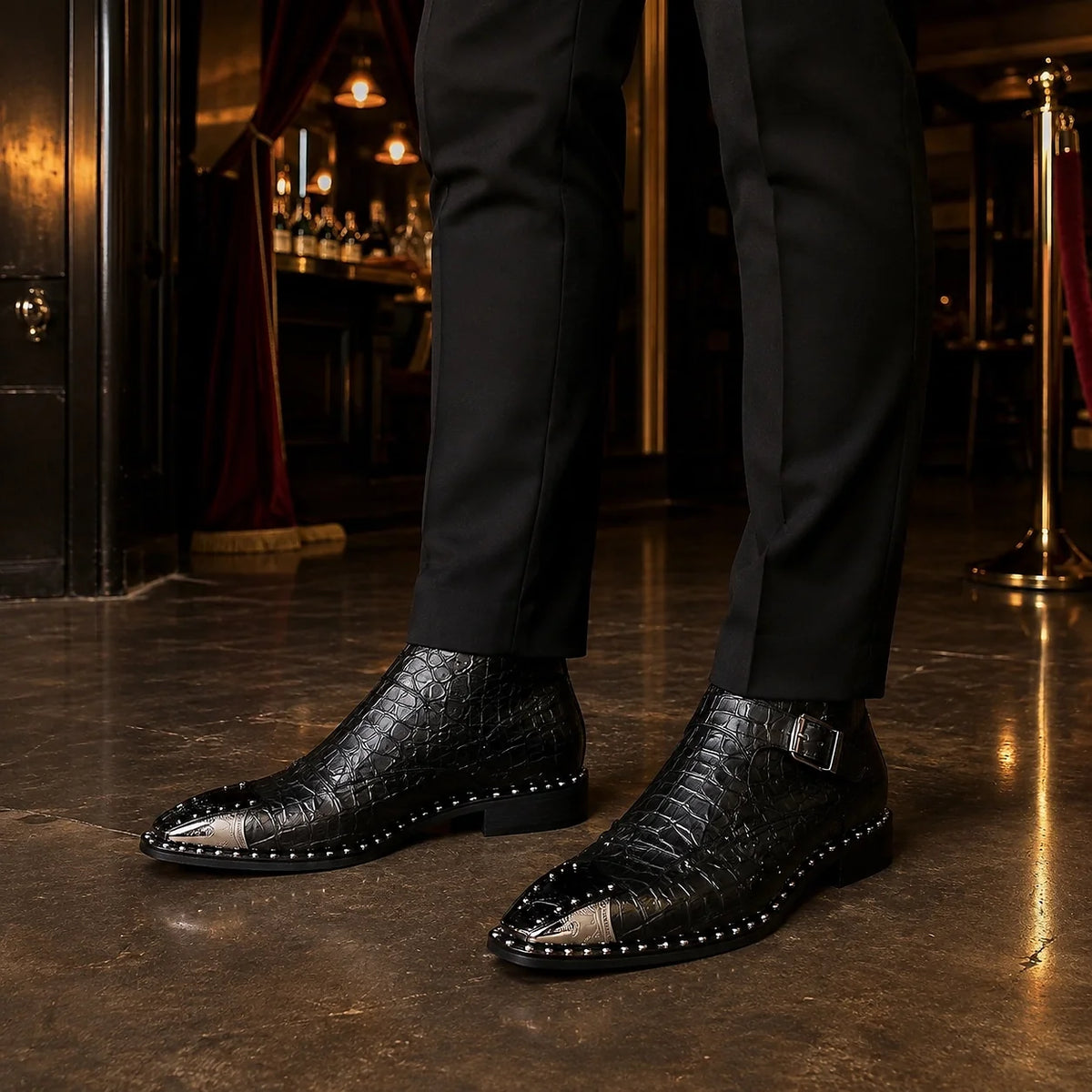 Odalric | Croc-Embossed Leather Monk Strap Boots