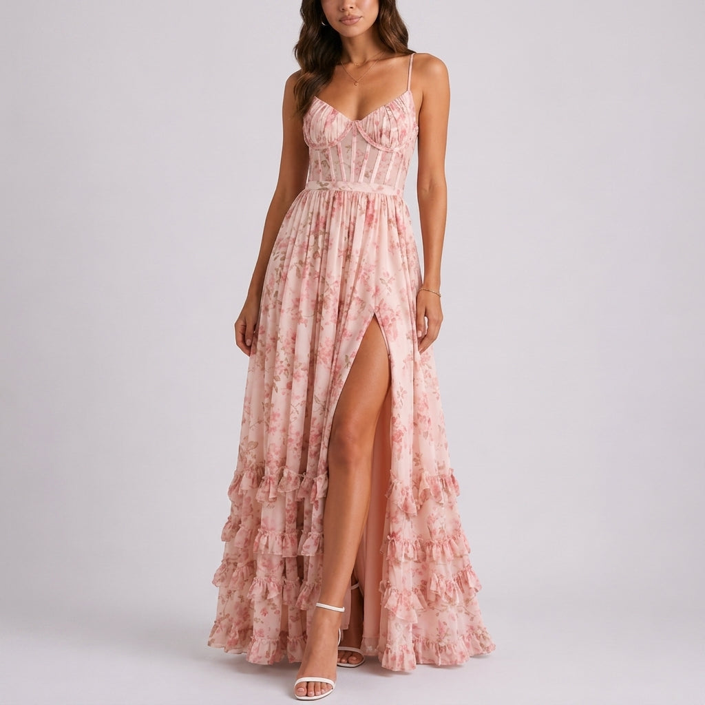 Olive floral corset maxi wedding guest dress - front view