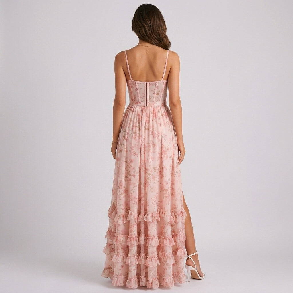 Olive floral corset maxi wedding guest dress - side view
