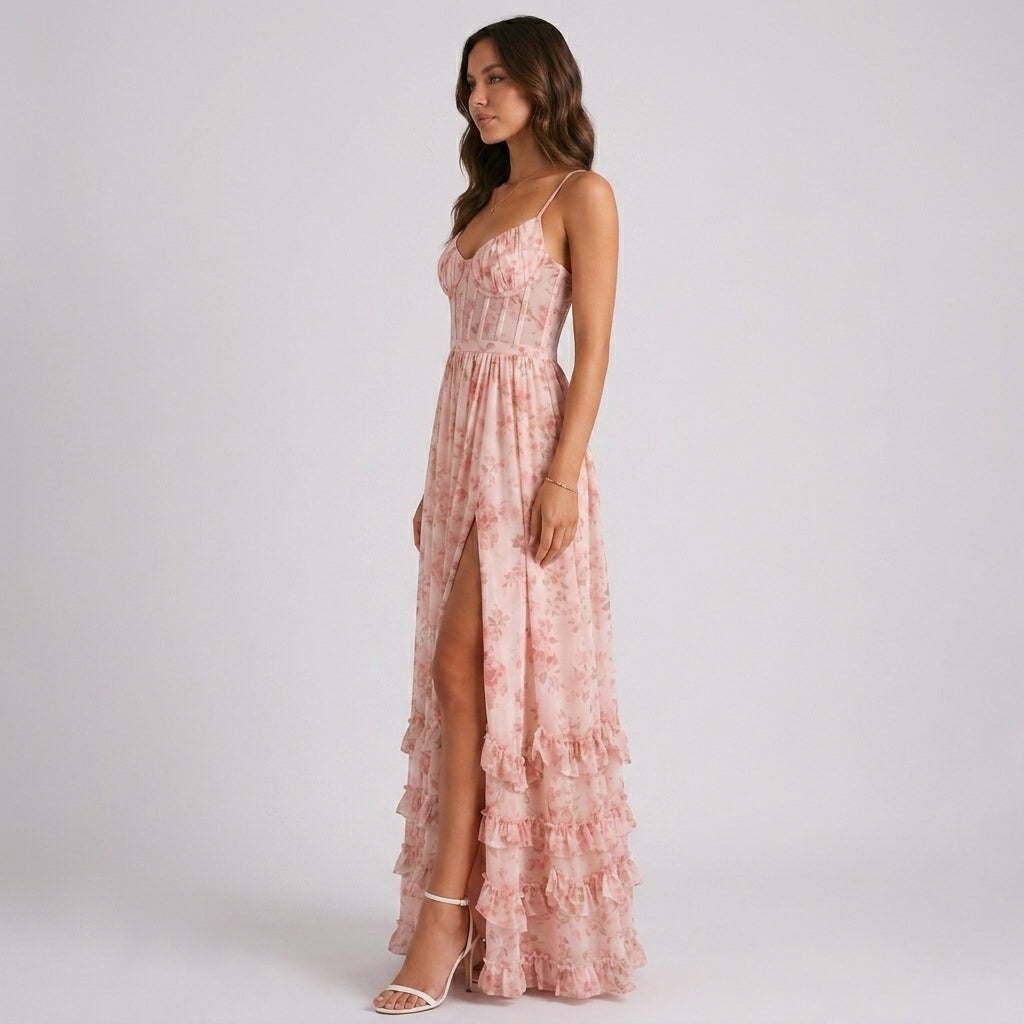 Olive floral corset maxi wedding guest dress - back view