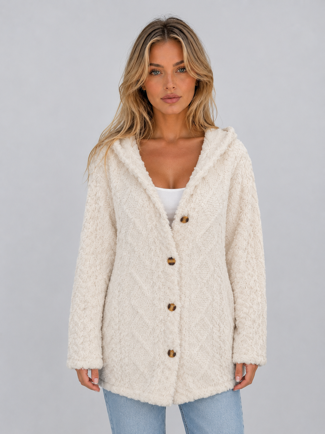 Ondine hooded teddy fleece cardigan - front view