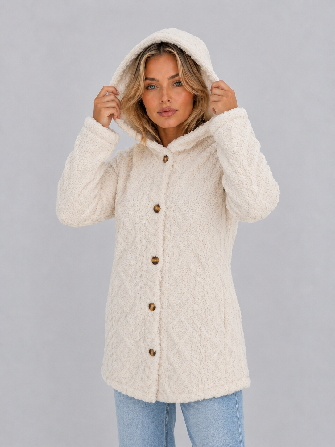 Ondine hooded teddy fleece cardigan - styled outfit