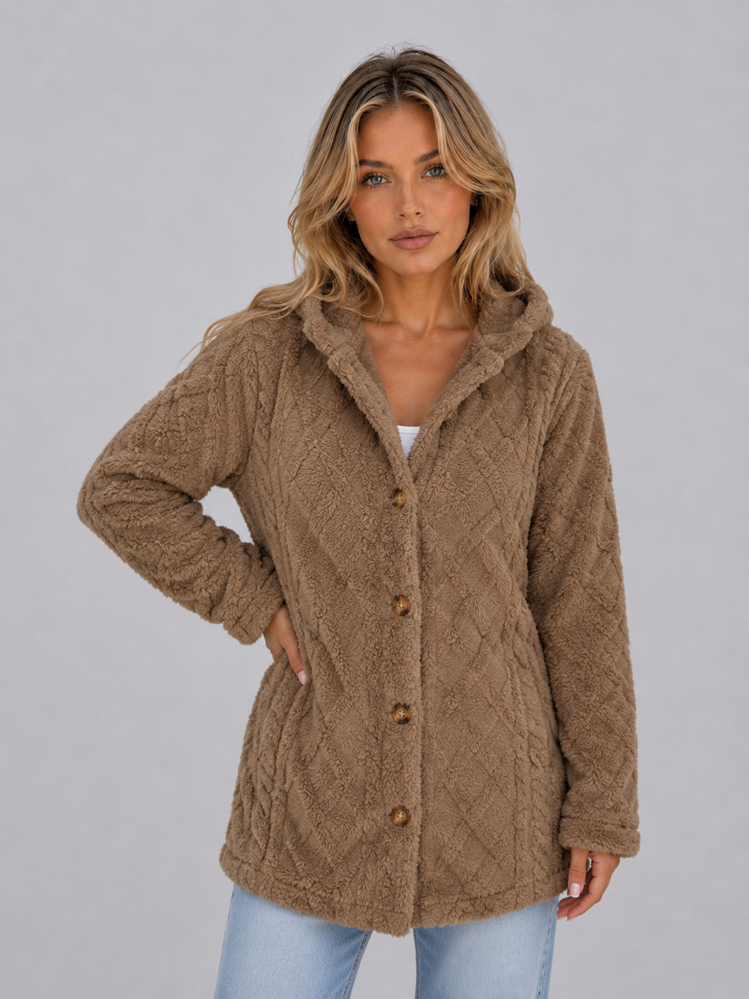 Ondine hooded teddy fleece cardigan - close up