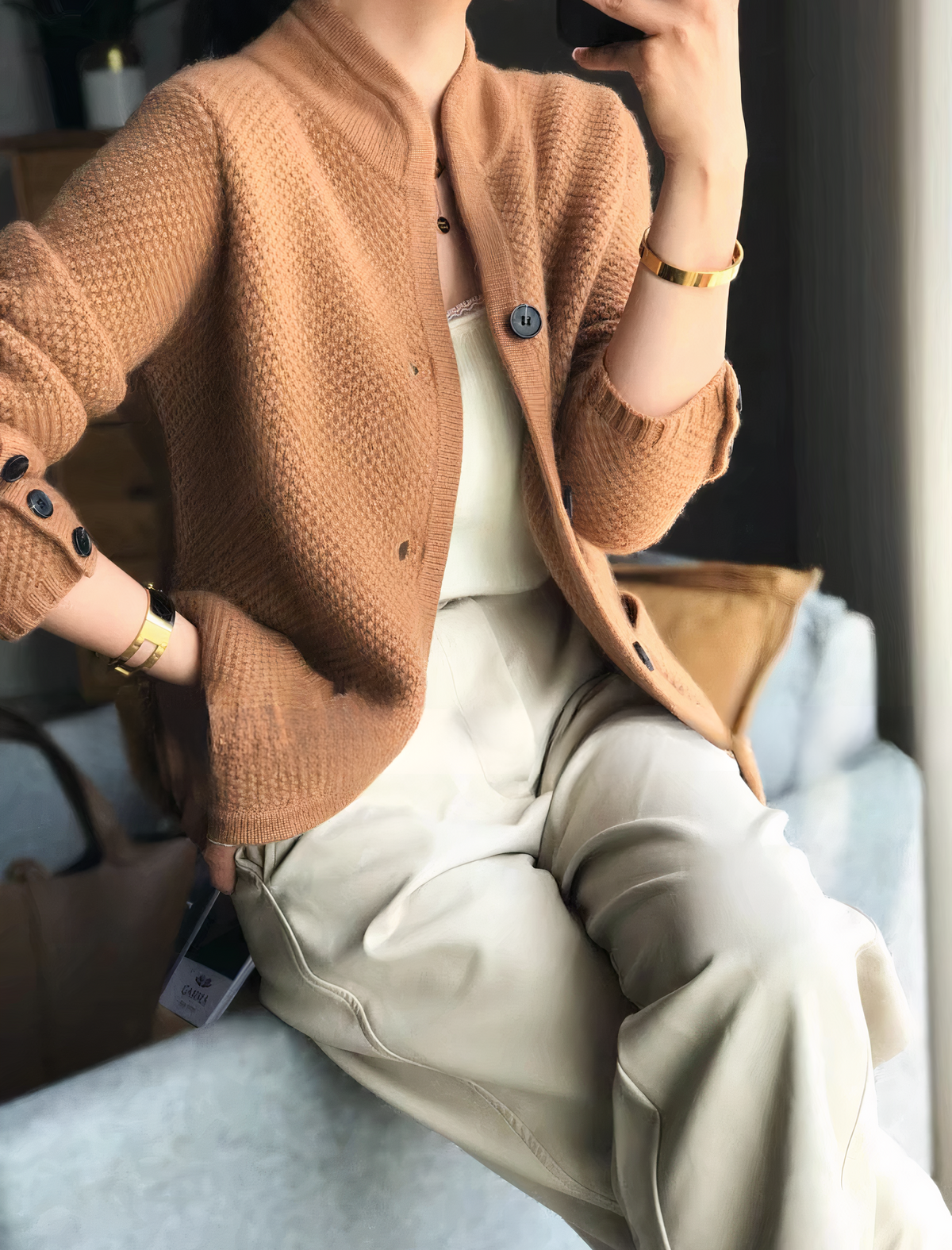 Oriel textured button-front cardigan, camel