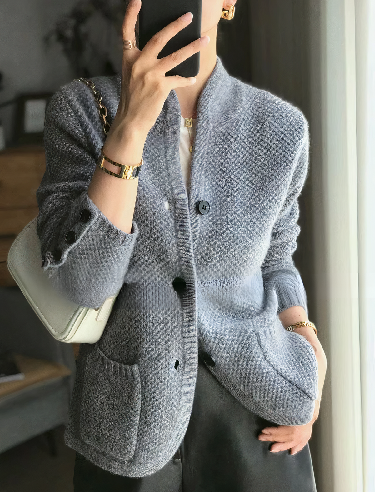 Oriel textured button-front cardigan, gray