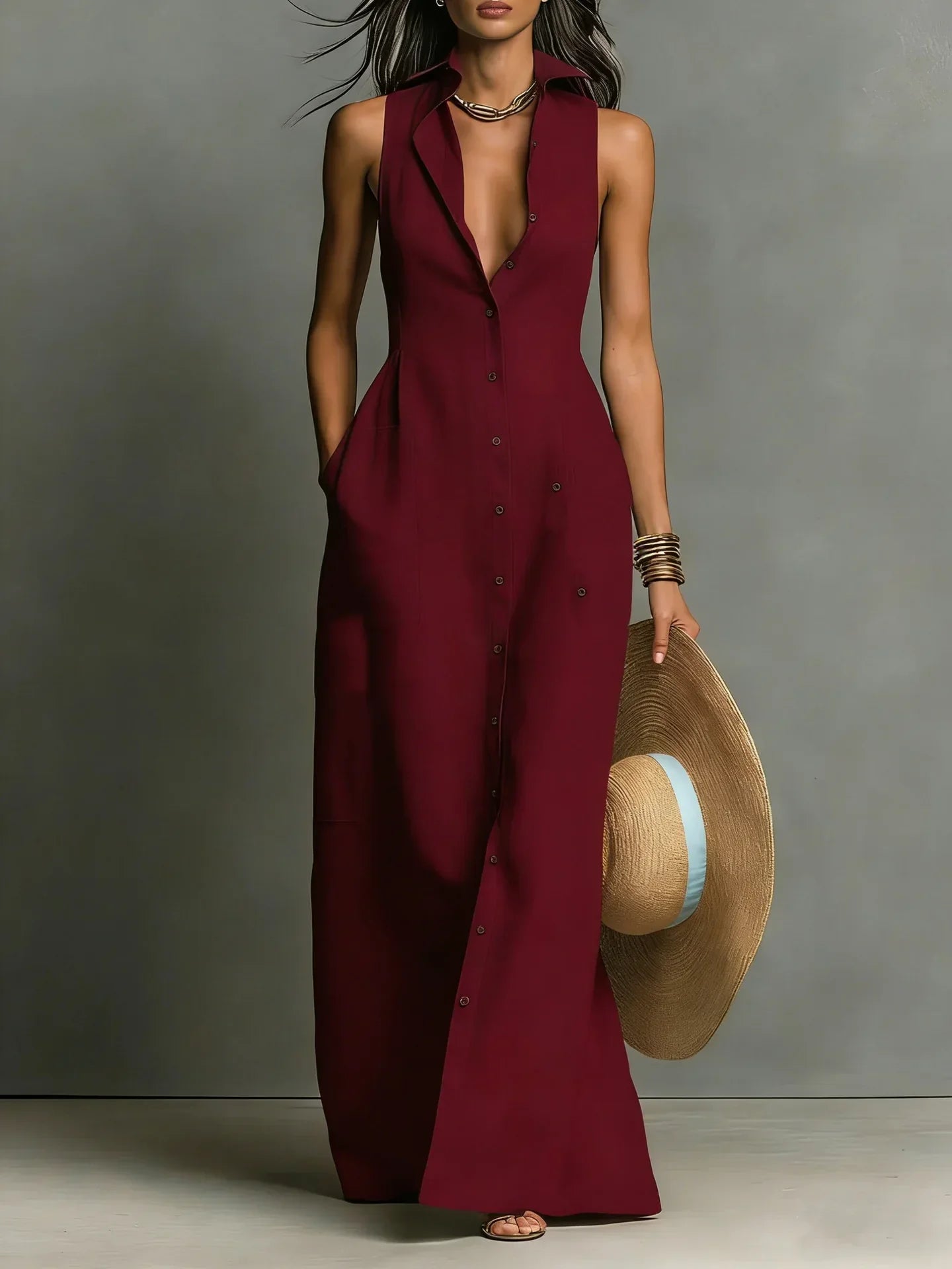 Paula | Women's Button Down Sleeveless Maxi Dress