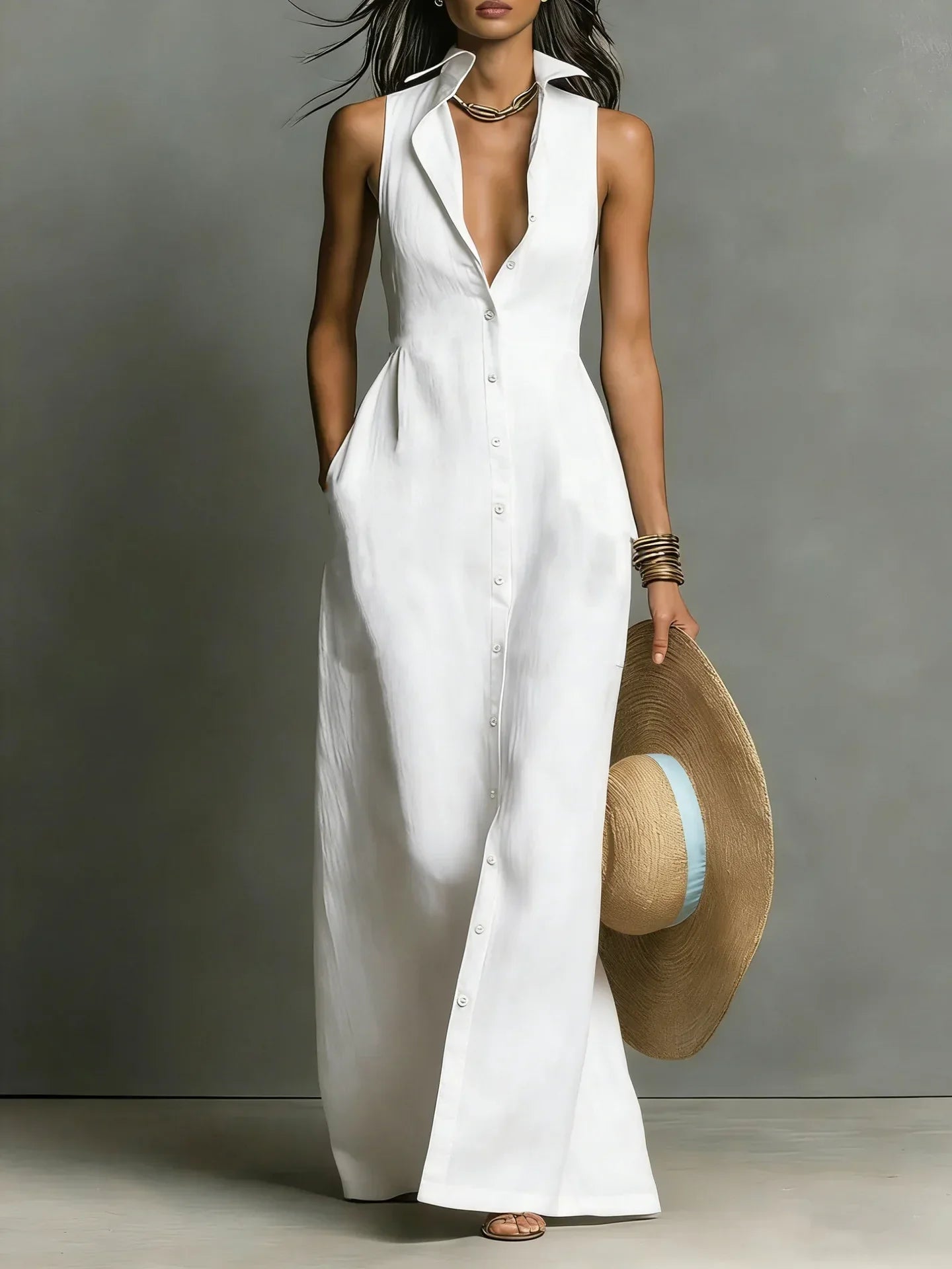 Paula | Women's Button Down Sleeveless Maxi Dress
