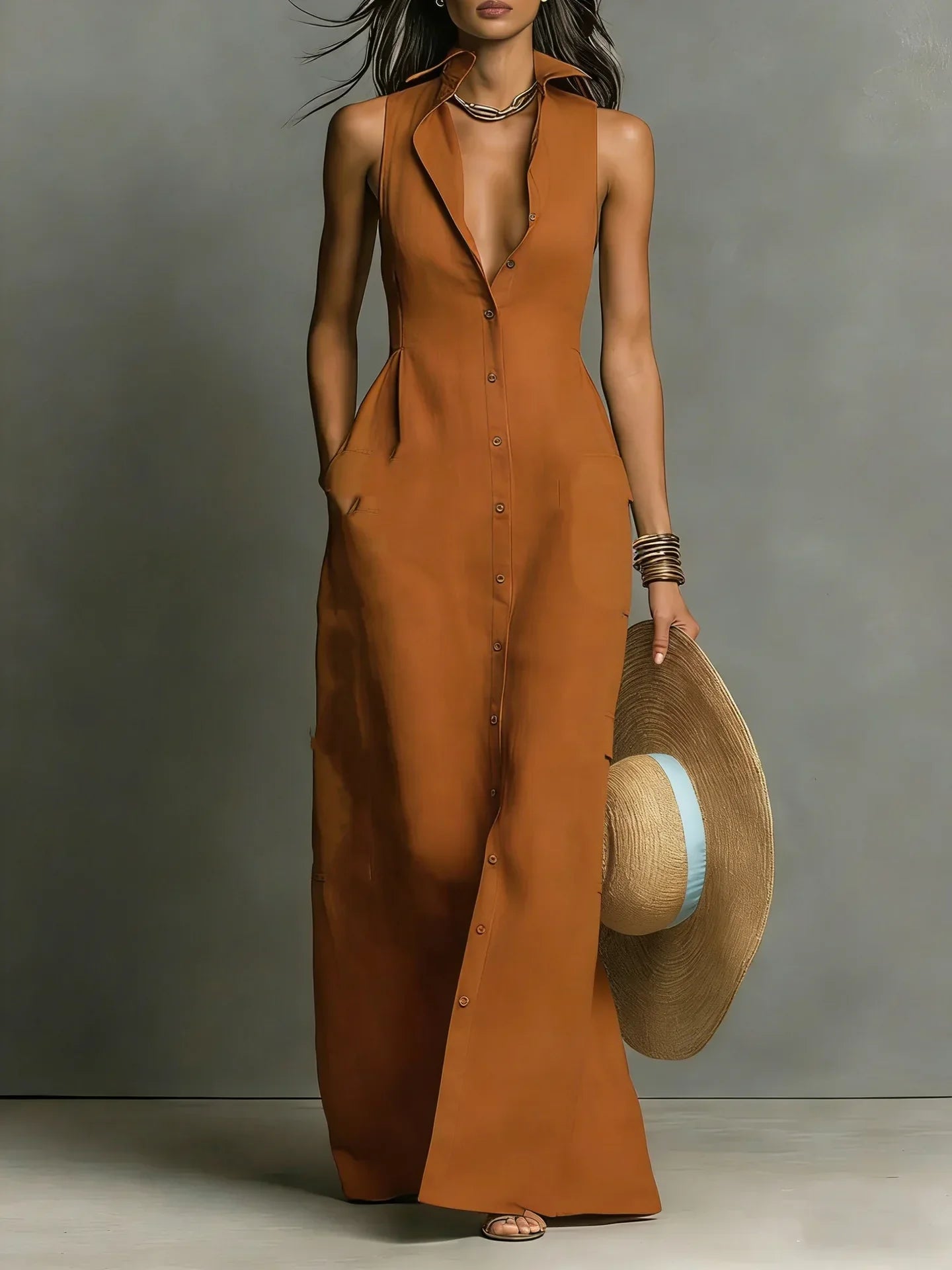 Paula | Women's Button Down Sleeveless Maxi Dress