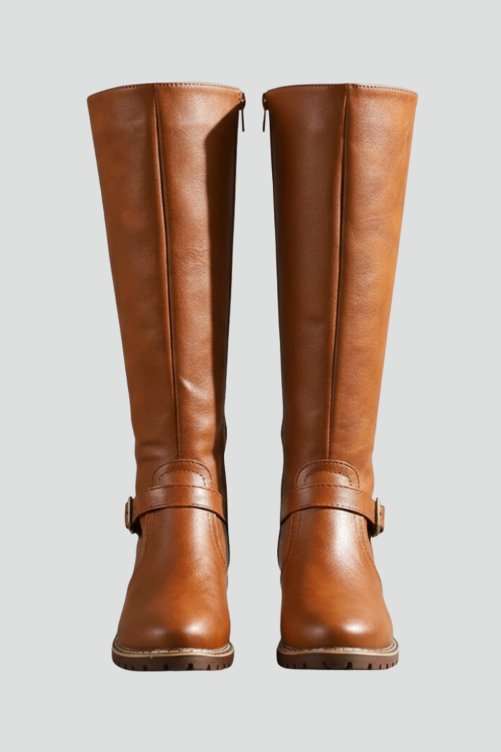 Pair of brown knee-high boots on a light gray background