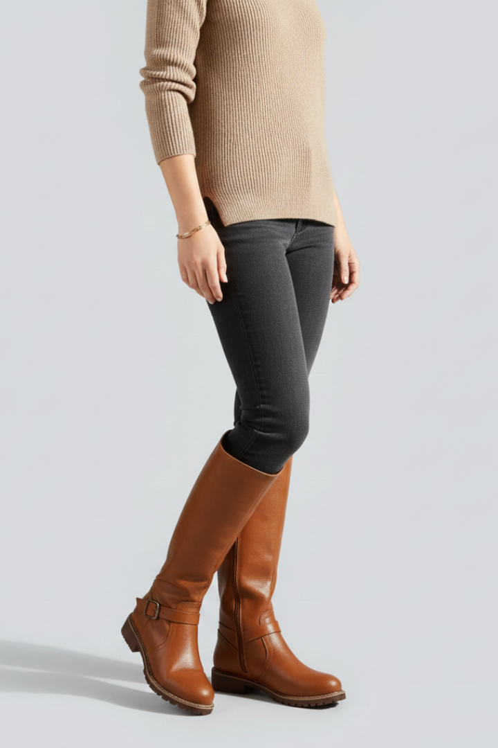 Person wearing brown knee-high boots, black pants, and a beige sweater on a light gray background