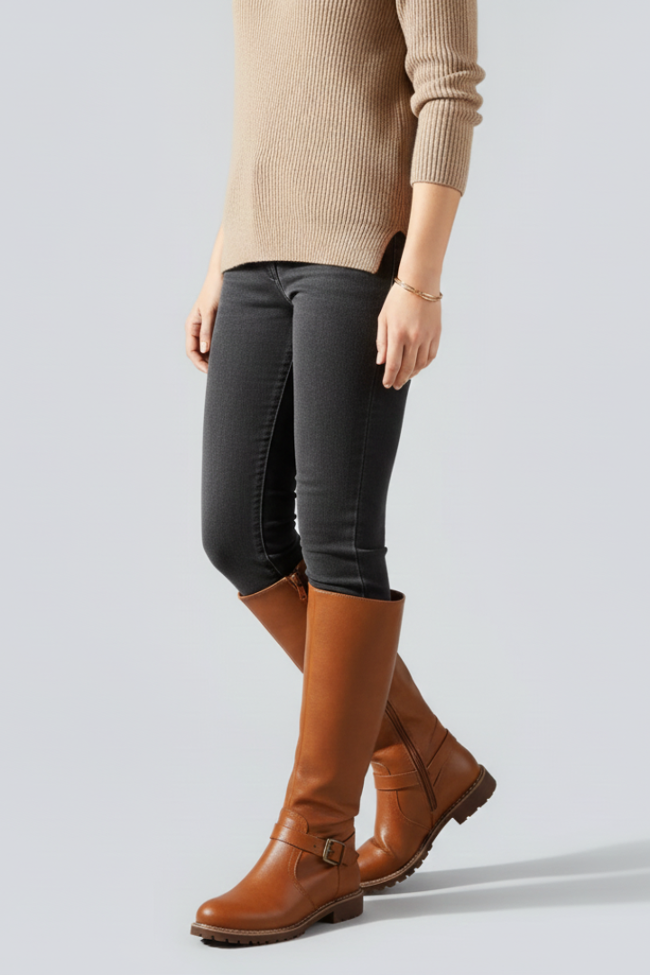 Person wearing brown knee-high boots, black pants, and a beige sweater on a light gray background