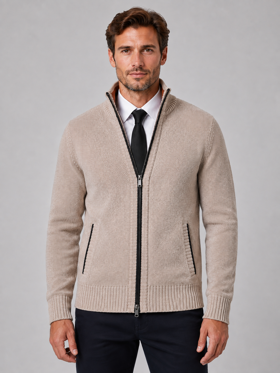 Ralph full zip knit cardigan funnel neck - front view