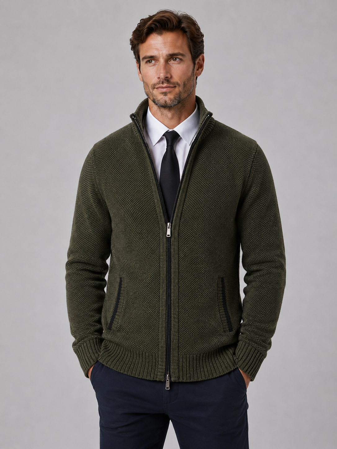 Ralph full zip knit cardigan funnel neck - styled outfit 1