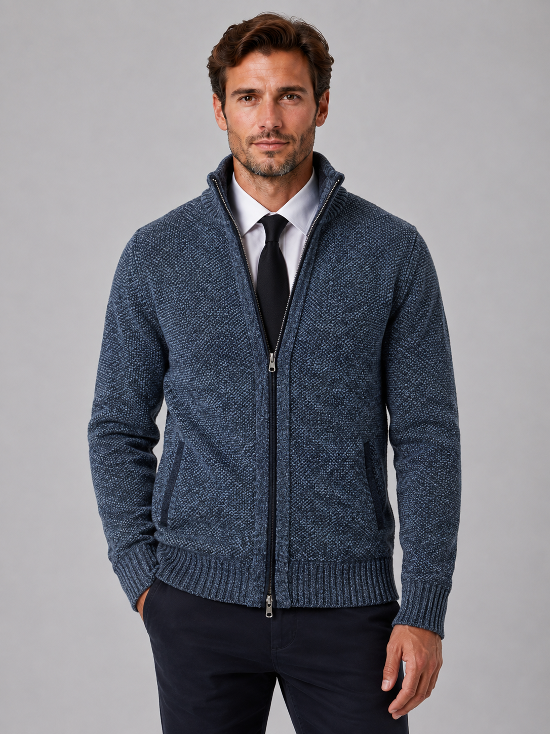 Ralph full zip knit cardigan funnel neck - styled outfit 2