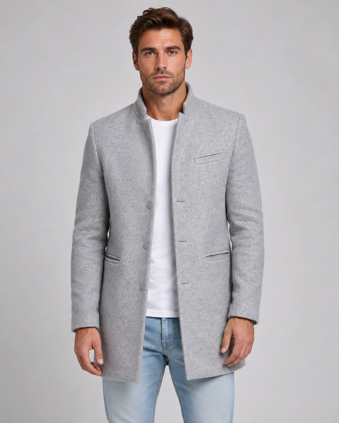 Raymond stand collar wool coat - full look