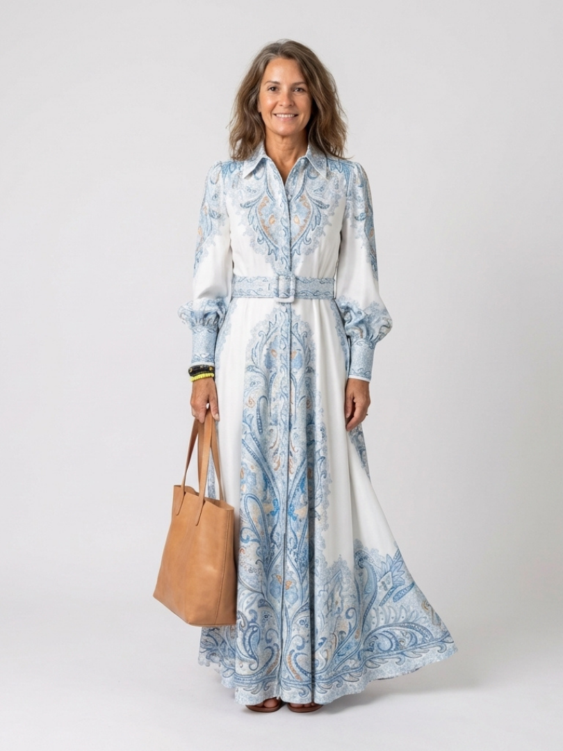 Rebecca | Elegant Paisley Belted Maxi Dress