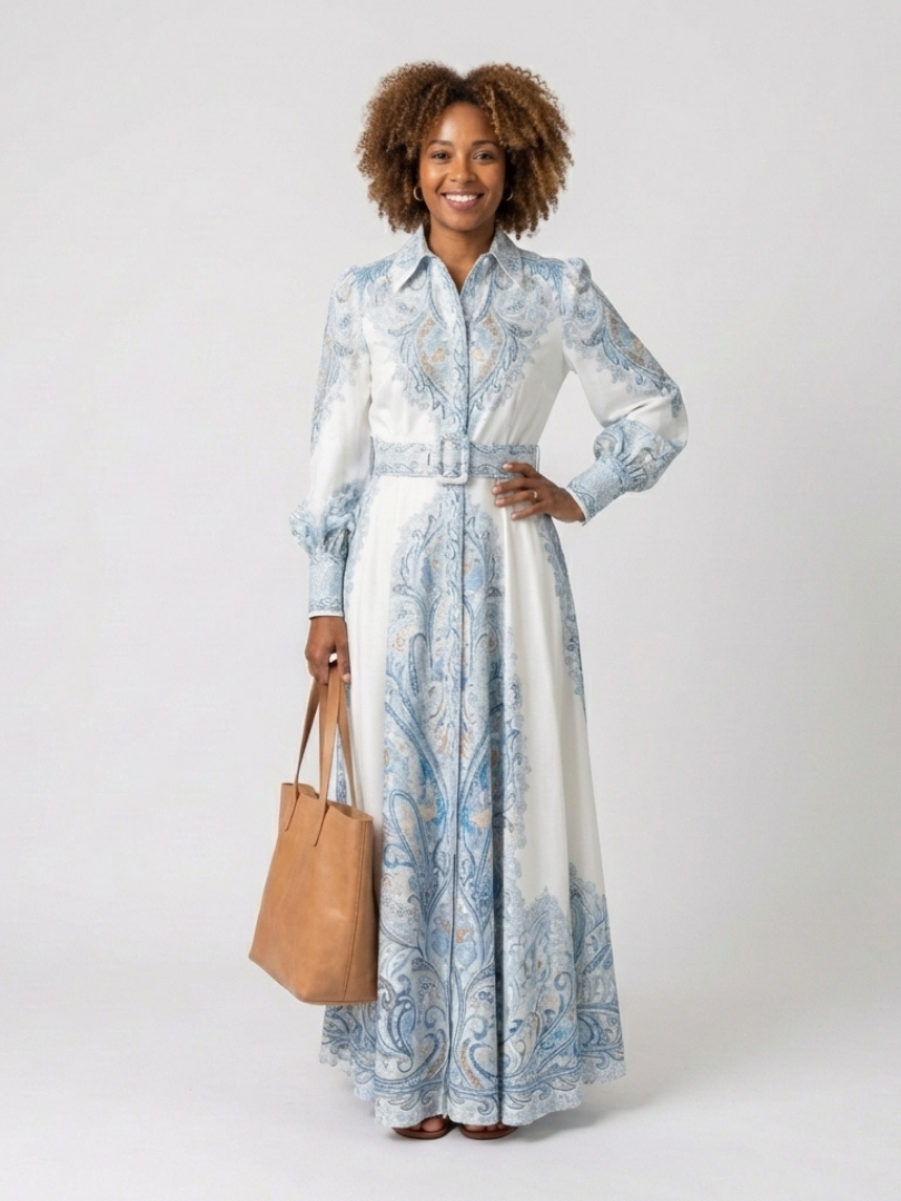 Rebecca | Elegant Paisley Belted Maxi Dress