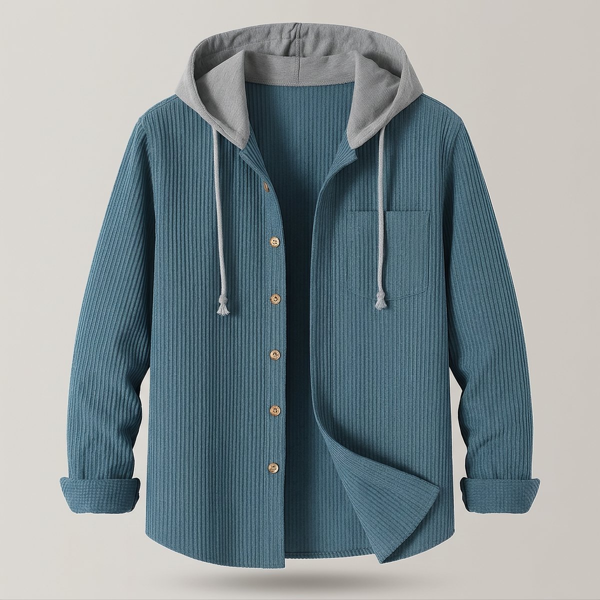 Reginald ribbed button-front hoodie, coastal blue