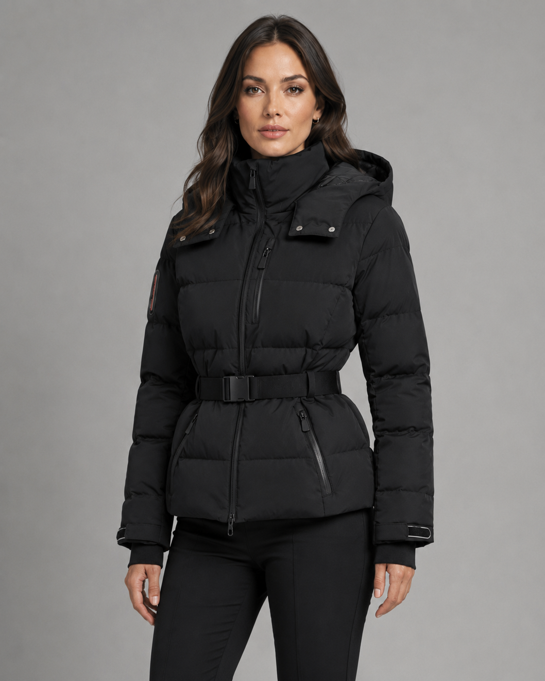Renee belted hooded puffer jacket - front view