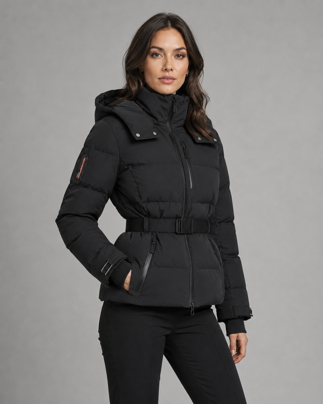 Renee belted hooded puffer jacket - side view