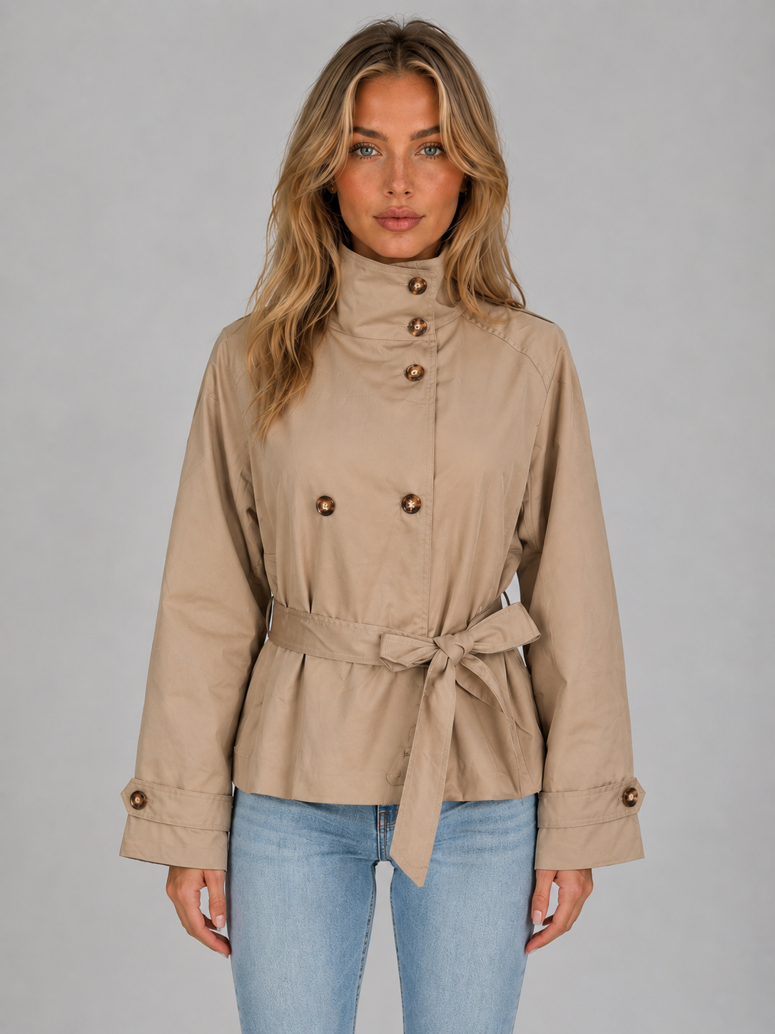 Roberta cropped trench jacket belted - front view