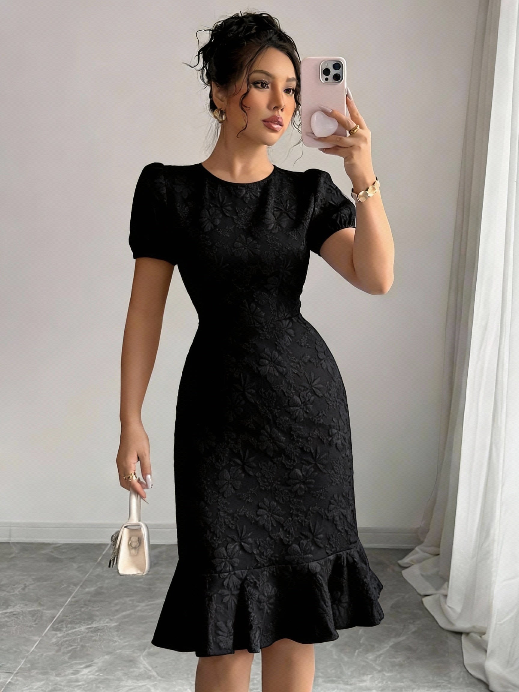 Rosamund puff sleeve jacquard midi dress - side view