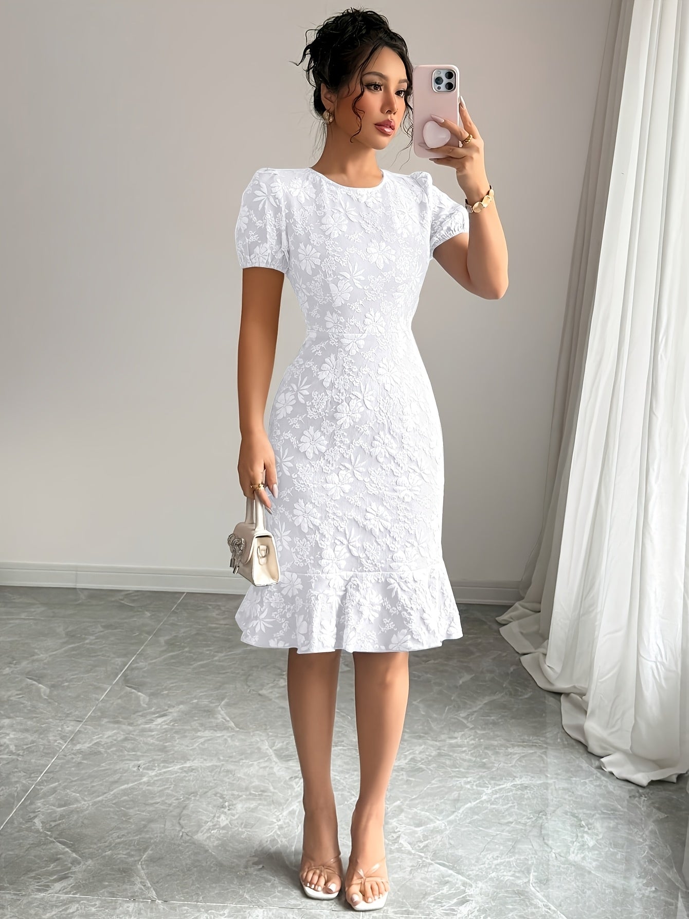 Rosamund puff sleeve jacquard midi dress - sleeve detail