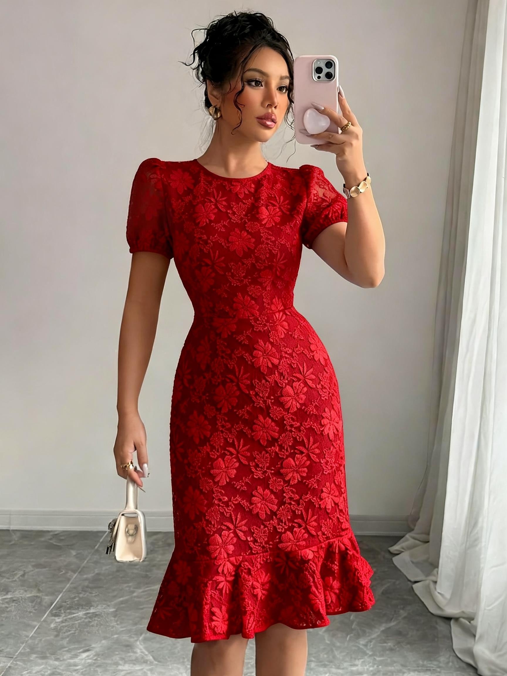 Rosamund puff sleeve jacquard midi dress - styled outfit 1