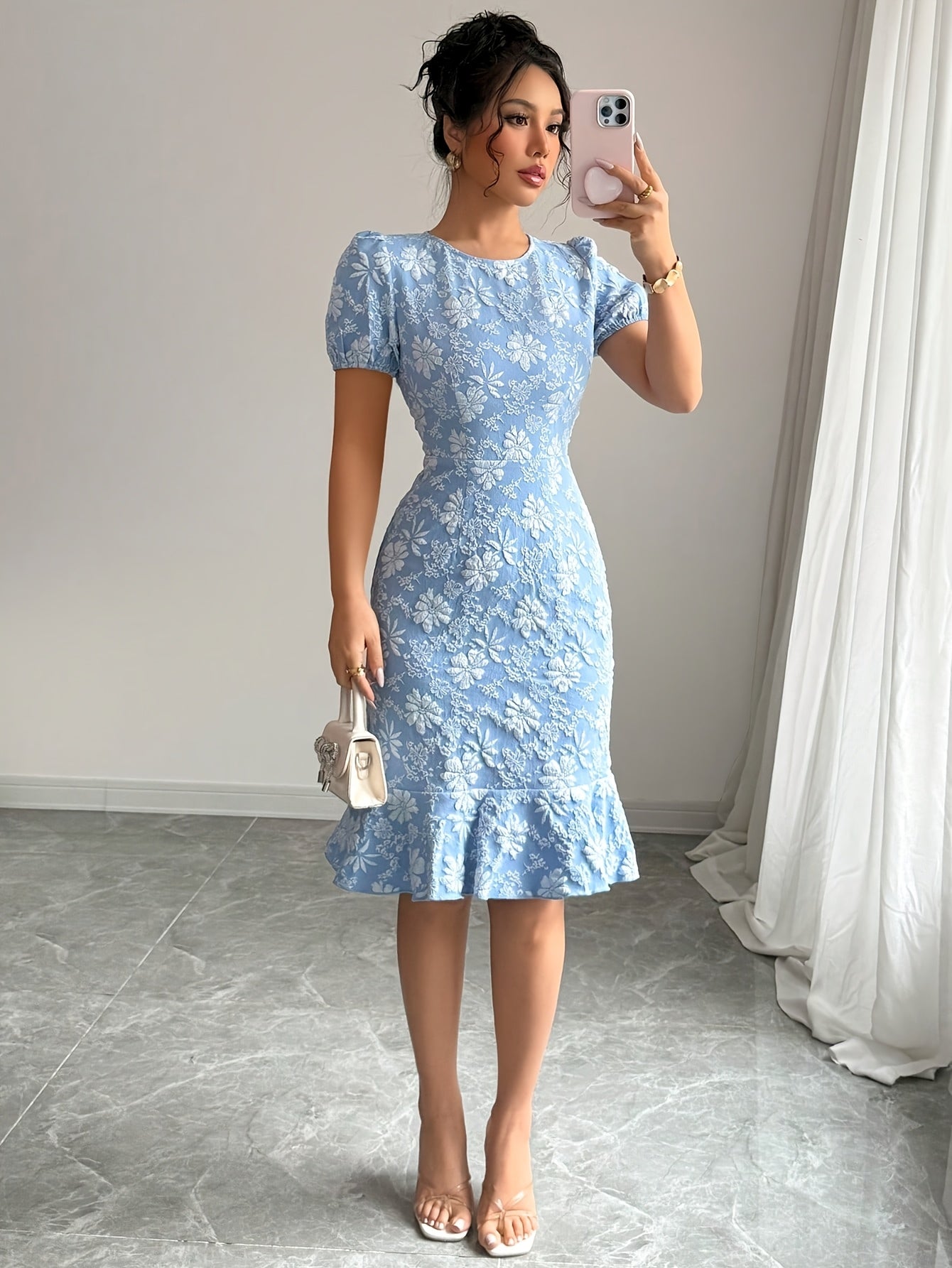 Rosamund puff sleeve jacquard midi dress - color Sky Blue