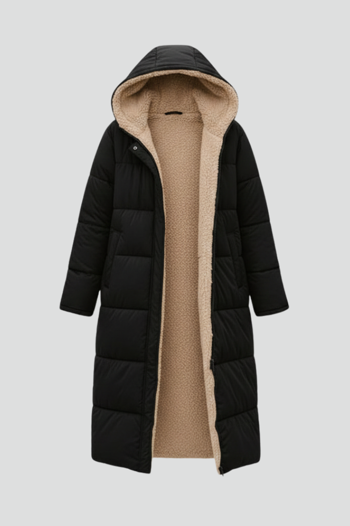 Rosanna long coat with hood and zip - front view