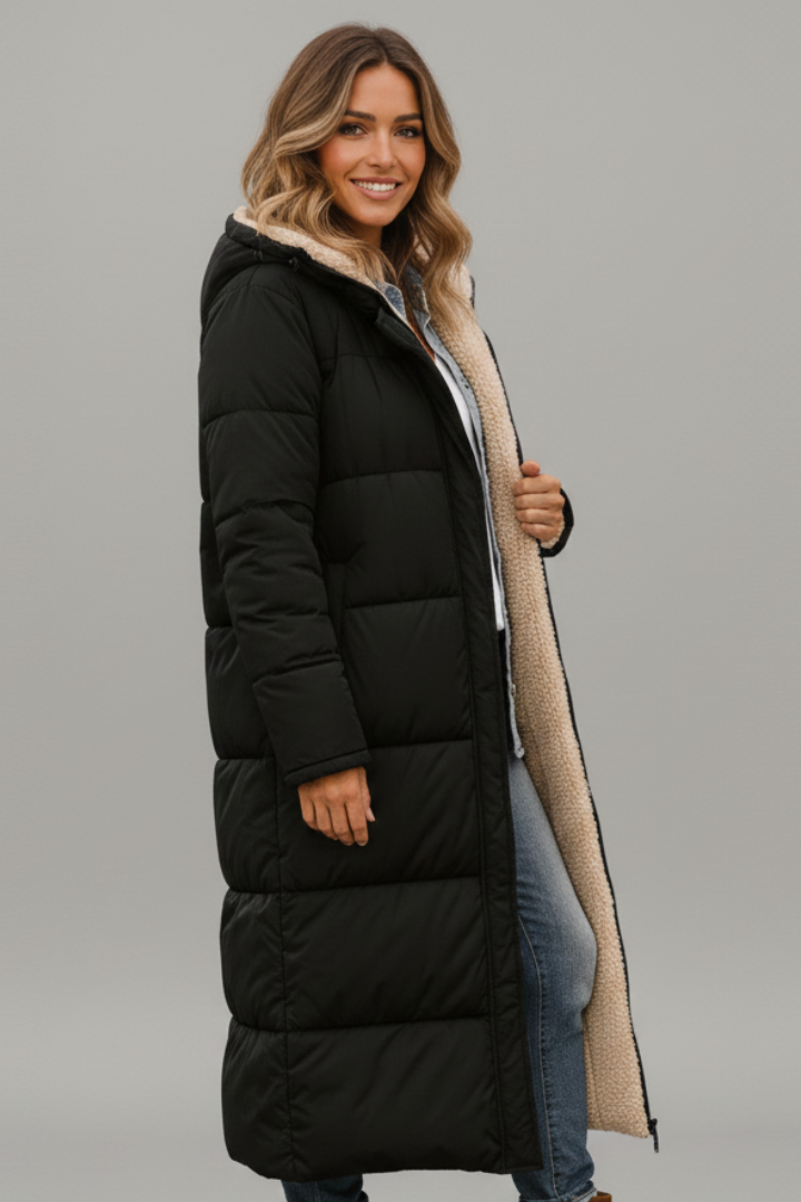 Rosanna long coat with hood and zip - full look