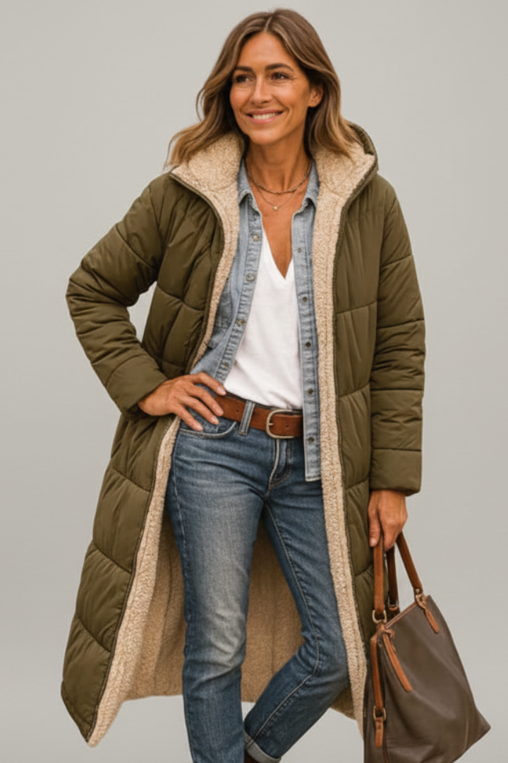 Rosanna long coat with hood and zip - side view