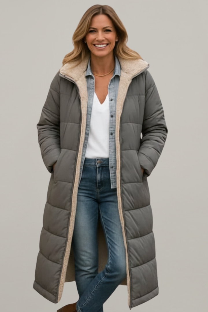 Rosanna long coat with hood and zip - styled outfit