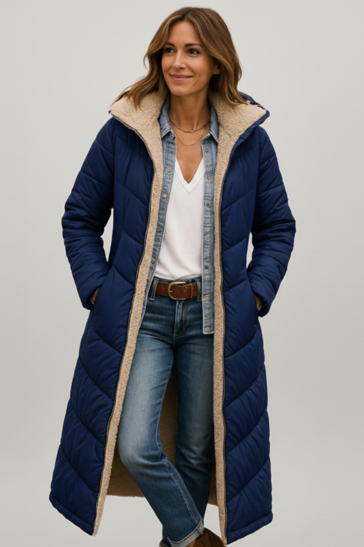 Rosanna long coat with hood and zip - close up