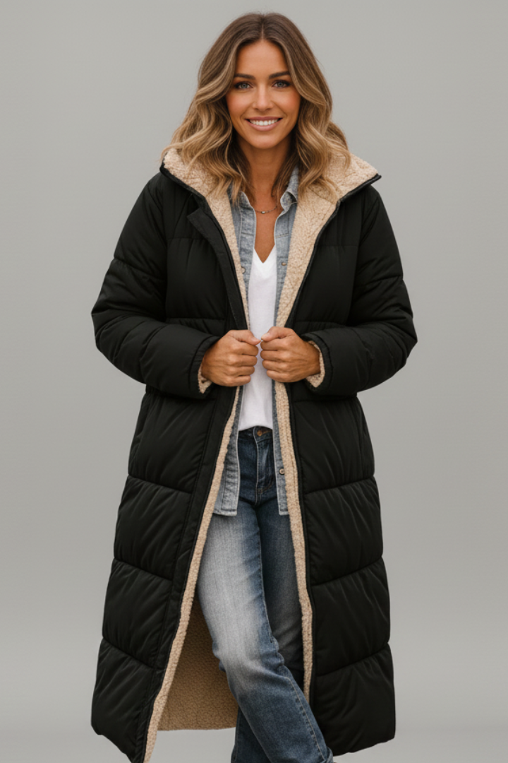 Rosanna long coat with hood and zip - detail view