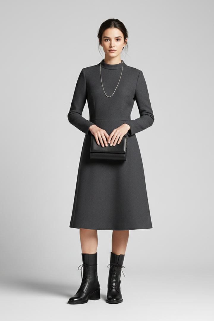 Woman wearing a gray dress with black boots on a light gray background