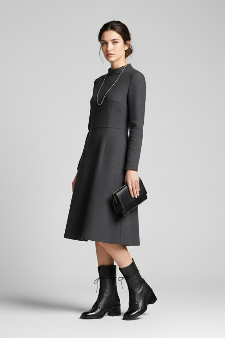 Woman wearing a gray dress with black boots on a light gray background