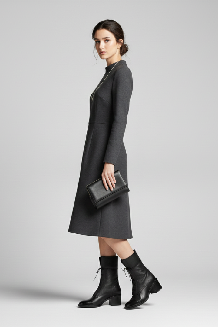 Woman wearing a gray coat and black boots on a light gray background