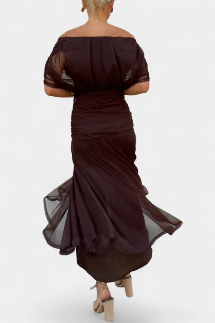 Woman wearing a dark brown off-shoulder dress with sheer sleeves on a white background