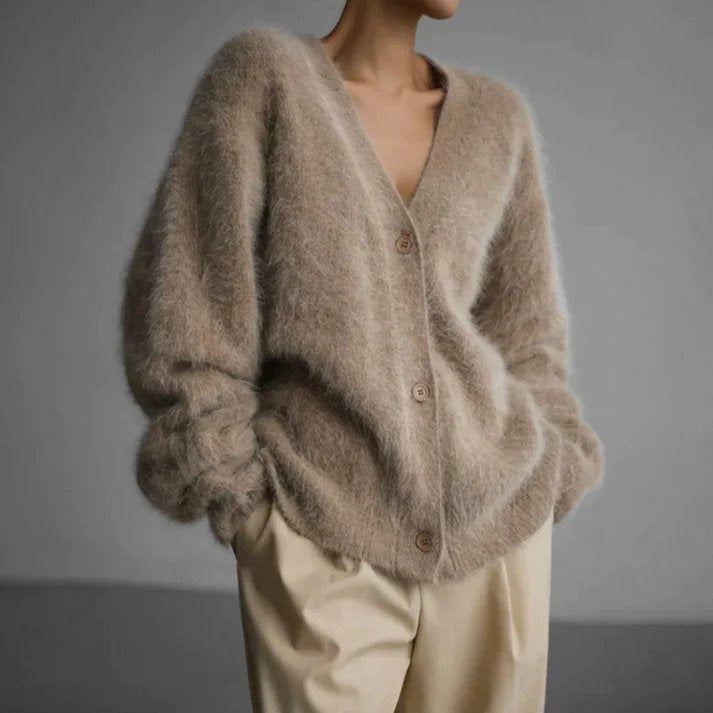 Saskia classic long knit cardigan, beige