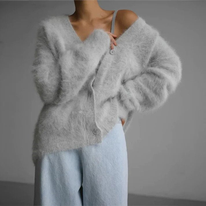 Saskia classic long knit cardigan, light gray