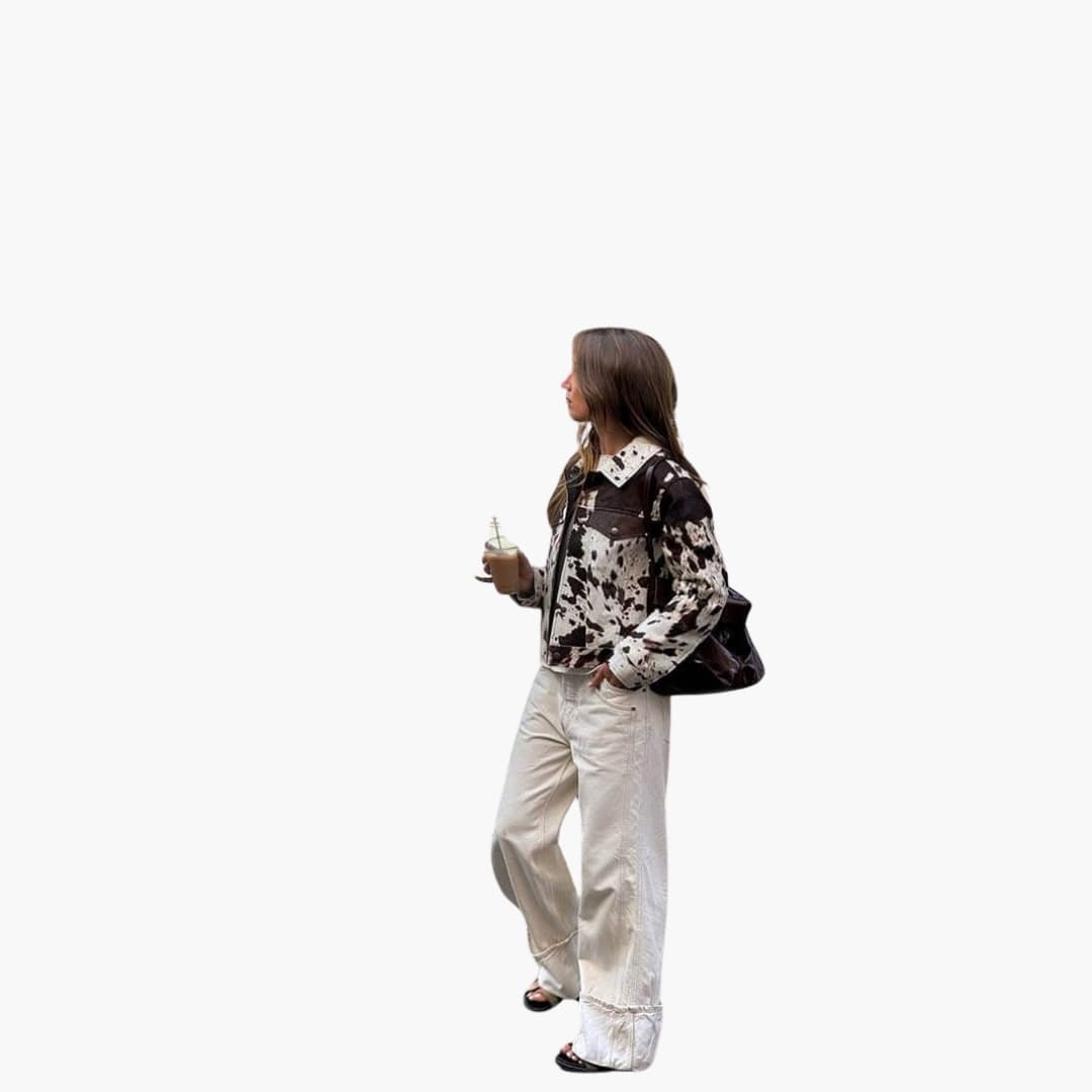 Savannah cow print denim jacket - styled outfit