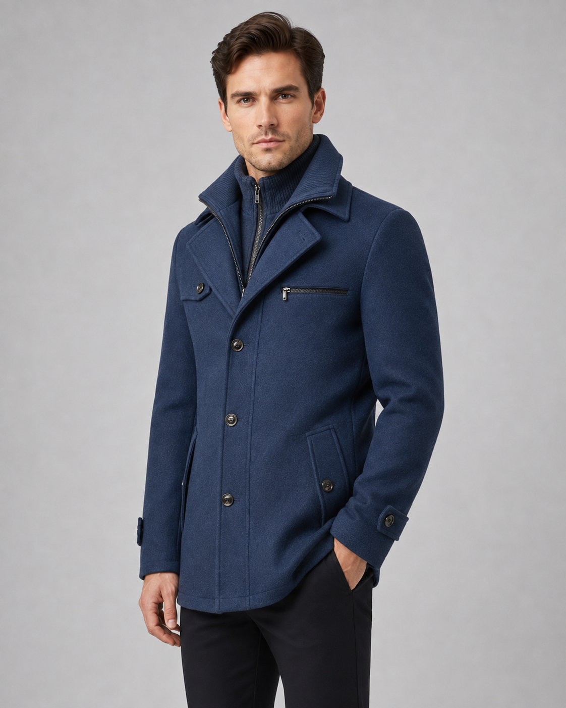 Scott wool coat zip insert funnel neck - front view