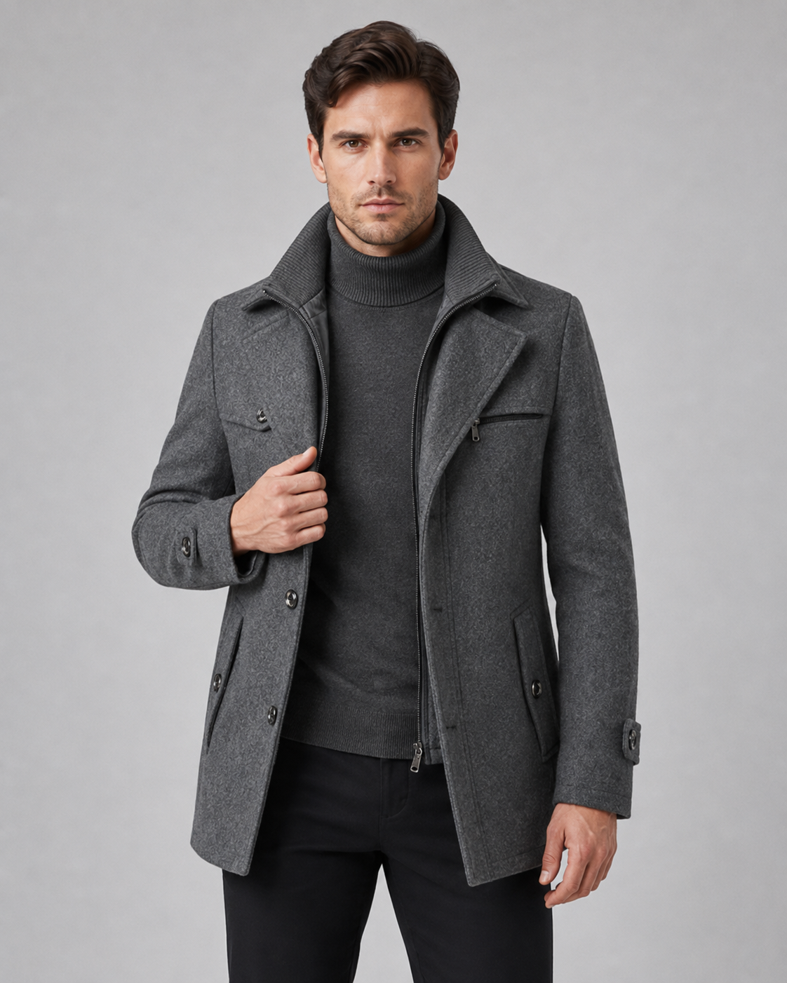 Scott wool coat zip insert funnel neck - full look 1