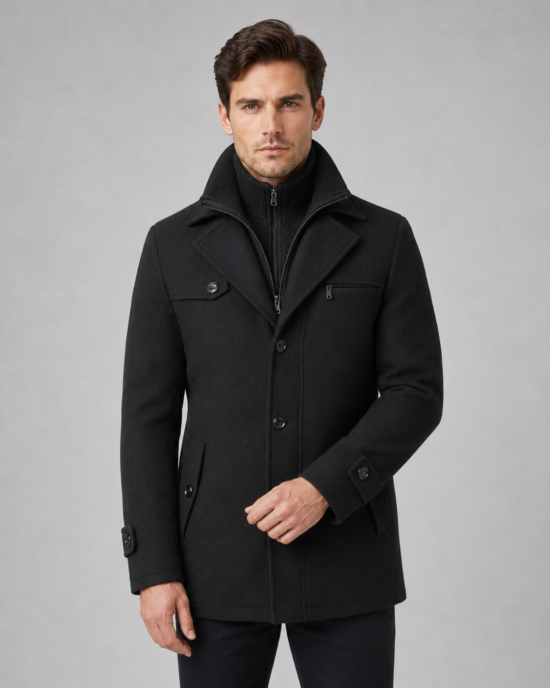 Scott wool coat zip insert funnel neck - full look 2